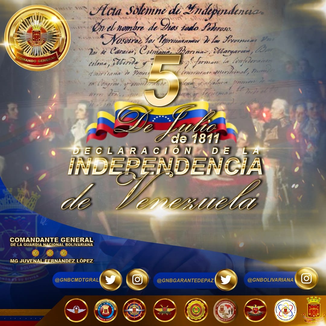 212 años han transcurrido, de aquel día glorioso donde nuestra Patria se declaró Libre, Soberana y para siempre Independiente. 
Hoy continuamos ese legado imperturbable de libertad y de espíritu patriótico inquebrantable. 
¡VIVA VENEZUELA! 
¡INDEPENDENCIA O NADA!