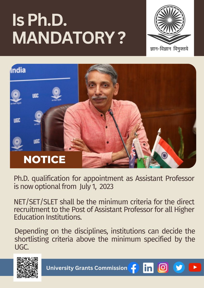 Is Ph.D. Mandatory for the post of Assistant Professor in Universities and Colleges? What UGC says? Can institutions raise the shortlisting criteria?