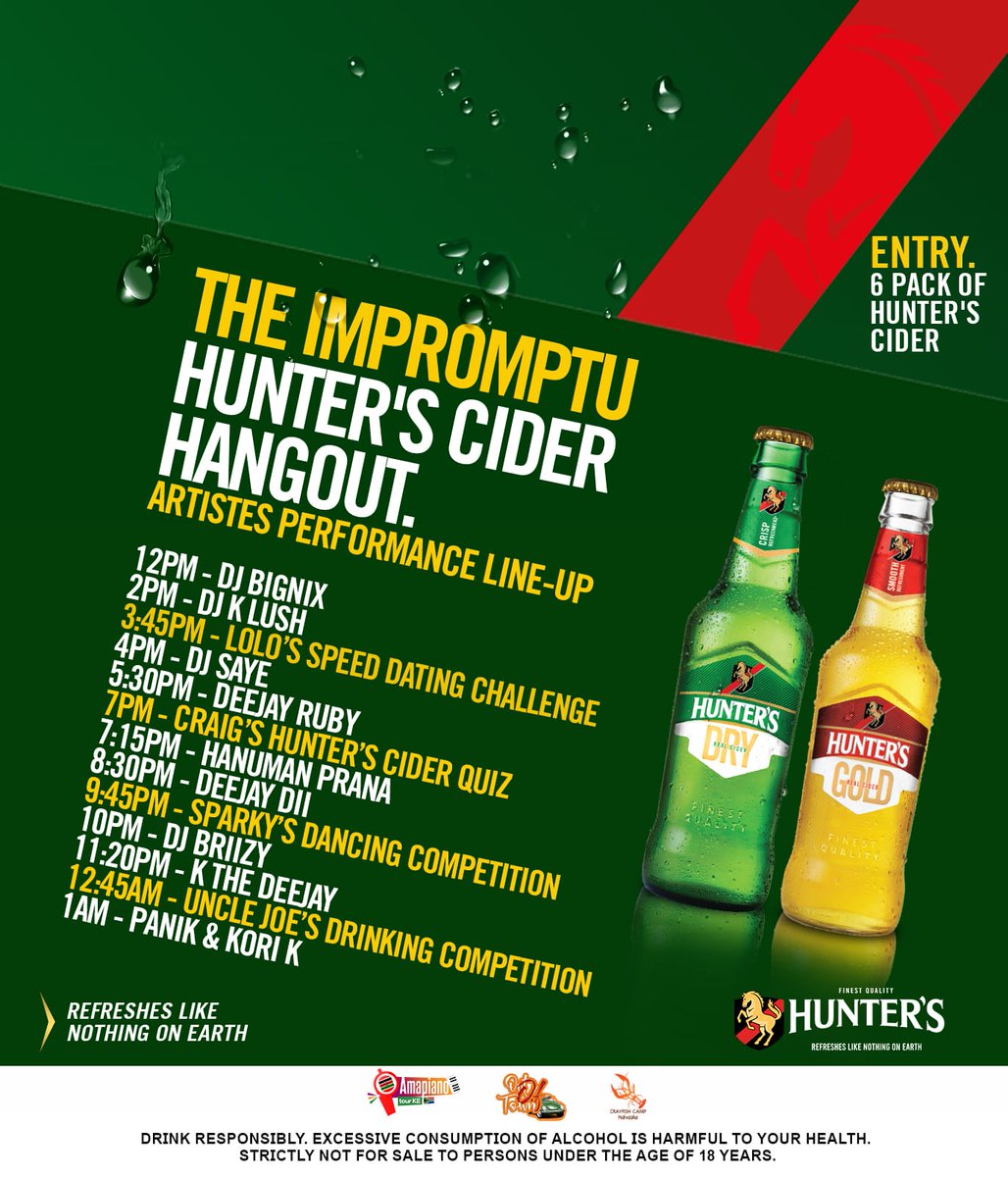KeAmapiano's tweet image. Timetable and Dress Code Alert!!!!🥳🥳
We are going to be having nothing but good vibes this Saturday at the Crayfish Camp Naivasha courtesy of @hunterscider . We start bright and early at exactly 1200hrs. 
Tupatane Naivasha
#amapianotourke 
#holdyourhunters