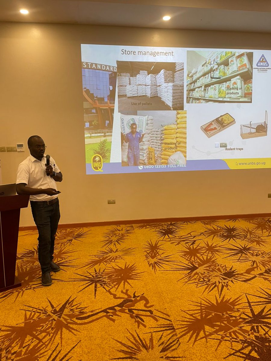 #HappeningNow 
Mr John Nasaba presents to stakeholders at Hotel Triangle Mbarara on proper store management practices in schools. He also guided stakeholders on how to download the UNBS App that can be used to verify whether a product is certified by UNBS.<a href="/usmissionuganda/">U.S. Mission Uganda</a>