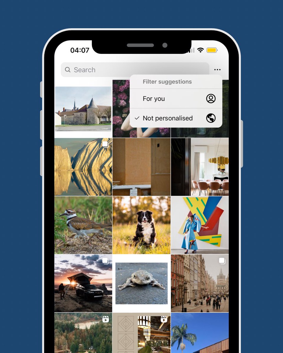 oncescuradu's tweet photo. #Instagram now has a “Not personalized” filter also for the “Explore” section. 🔥

🔄Users can easily switch between “FY” and “Not personalized”. 
@MattNavarra https://t.co/6r3SJ2fCpS