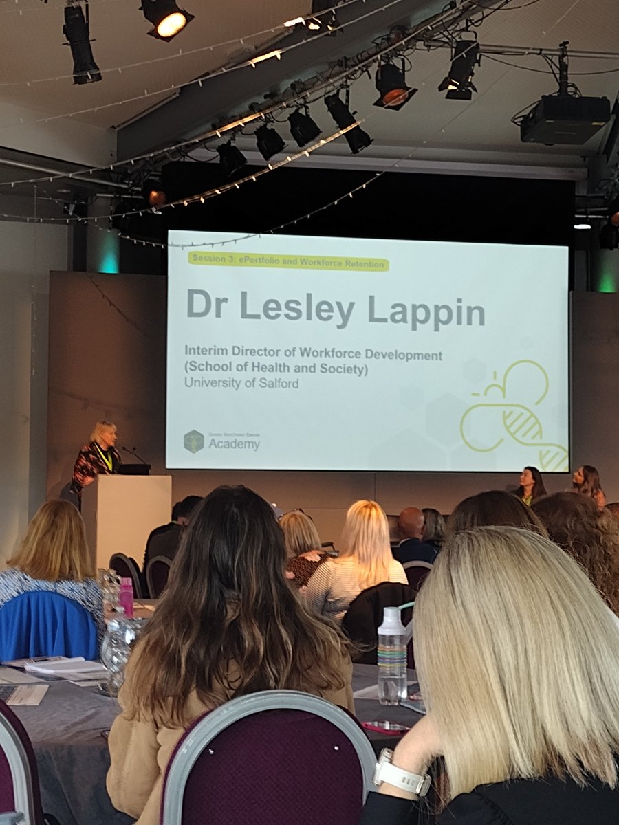 jasmin_flynn1's tweet photo. Dr Lesley Lappin from @Salford sharing her insights of ePortfolio and Workforce Retention at the @GMCancerAcademy Launch event. (She is also the education lead and a contributing professional on the Allies in Cancer Care course!) #AHP #Oncology #GreaterManchester https://t.co/e4DJPQyIPw