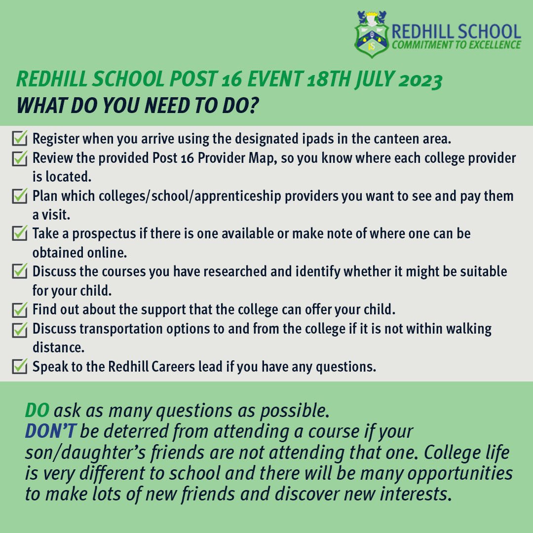 Redhill_School's tweet image. Year 10👀 
📆We are hosting a Post 16 Market Place Event on the 18th July 2023, where you will have the chance to speak to multiple guest Post 16 education providers in one place! 
⏰A Half from 5:15-6:15 and B Half from 6:45-7:45. 
💻More info on our Careers page on our website!