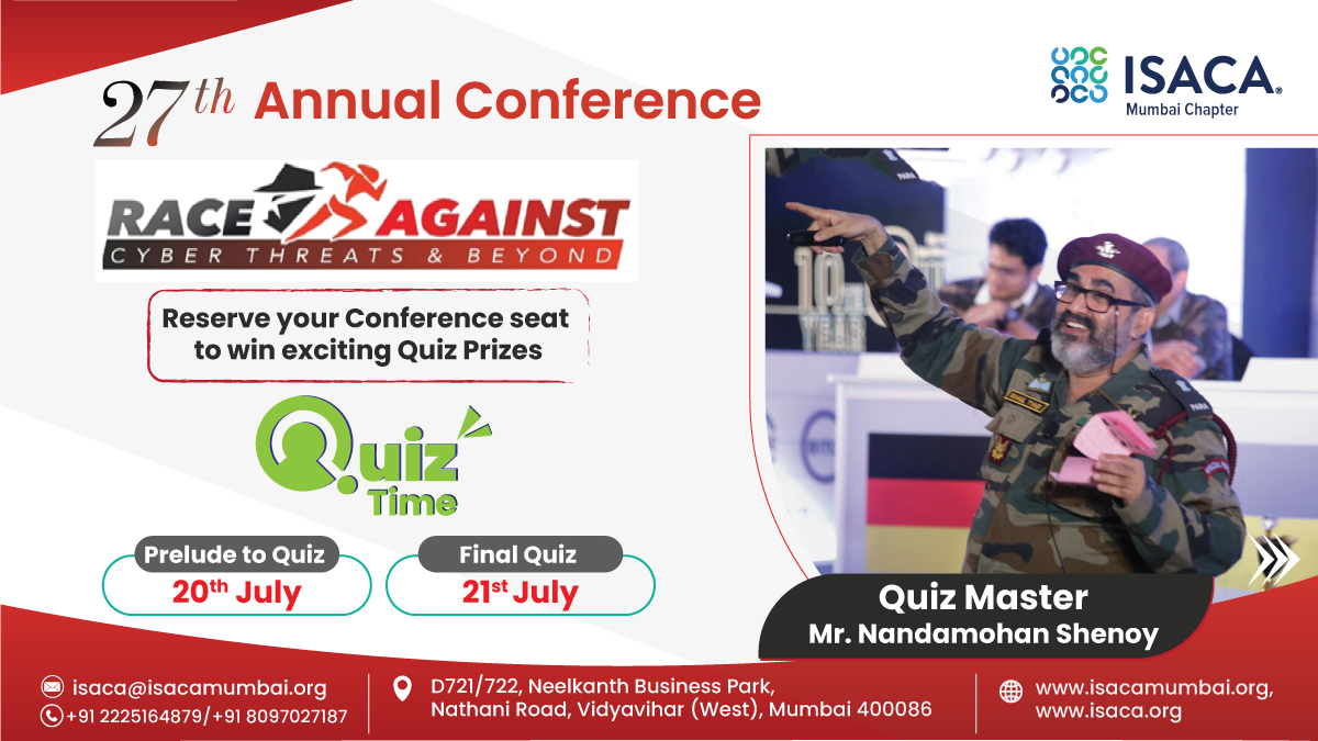 ISACA_Mumbai's tweet image. Don't miss out on the excitement, attend the event added by our brilliant Quiz master and win exciting quiz prizes alongside our incredible Sponsor Partners. Scan the QR Code and register now to secure your spot!

#isaca #mumbaichapter #cism #cisa #crisc #cgeit #cdpse