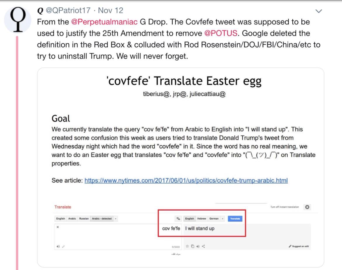 The Covfefe tweet was supposed to be used to justify the 25th Amendment to remove POTUS. Google deleted the definition in the Red Box & colluded with Rod Rosenstein/DOJ/FBI/China/etc to try to uninstall Trump. We will never forget. https://t.co/H9YekdC5dq