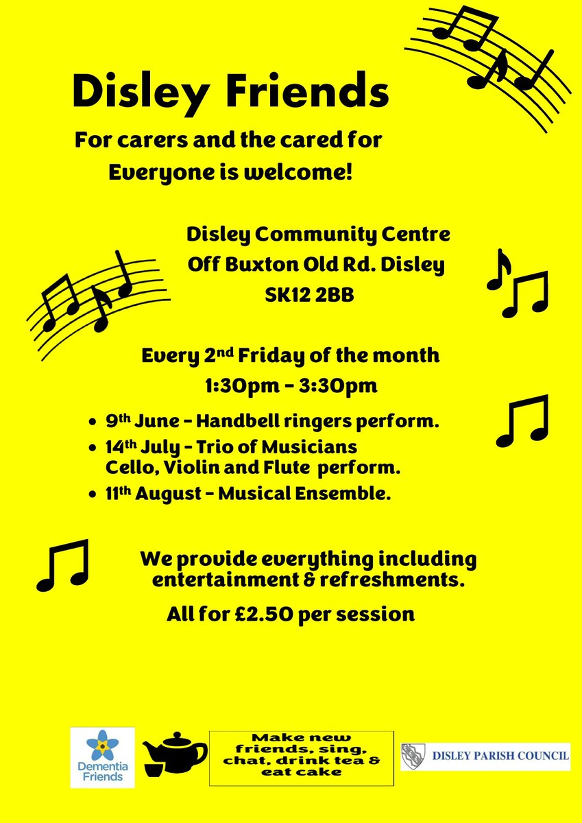 DisleyPC's tweet image. #Disley Friends welcome #Carers and #CaredFor on the second Friday of every month to Disley Community Centre. 🤗
Their next meeting is on Friday 14th July at 1:30pm so be sure to come along!
There will be a trio of musicians performing, as well as refreshments. 🎶
