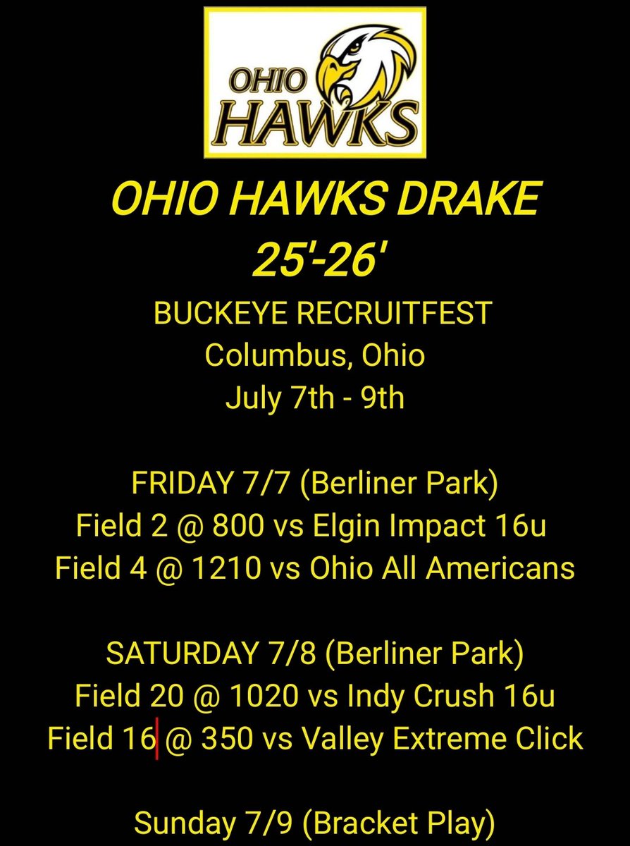The Hawks Girls are back in action this weekend for the Buckeye Recruitfest Showdown at Berliner Sports Park in Columbus Ohio!! Come watch them take the field or follow us on GameChanger!! 
#HawksStrong #GOHAWKS