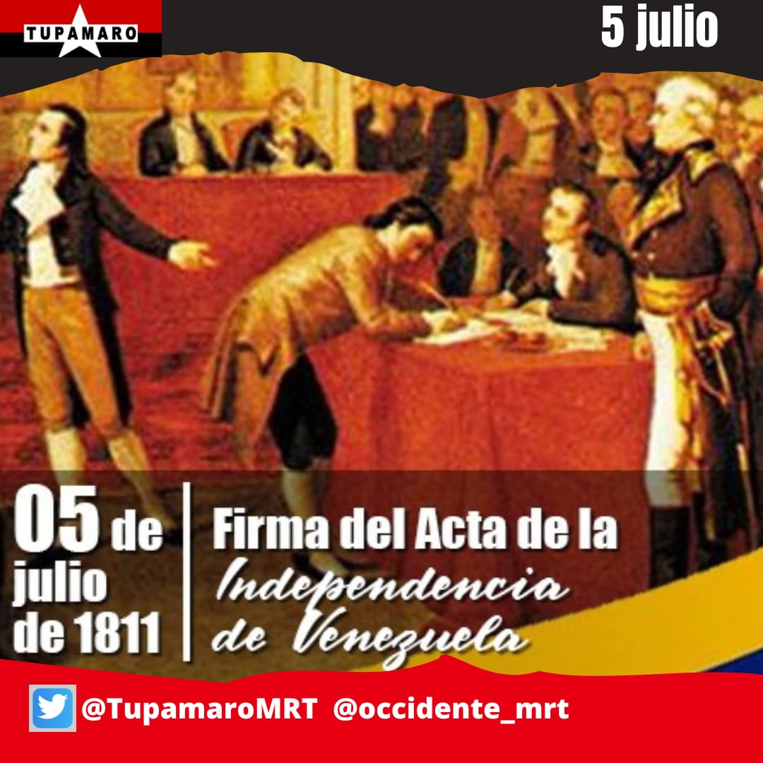 #5Jul | 🇻🇪 "A nombre y con la voluntad y autoridad que tenemos del virtuoso pueblo de Venezuela, declaramos solemnemente al mundo que sus Provincias Unidas son, y deben ser desde hoy, de hecho y de derecho, Estados libres, soberanos e independientes".

#IndependenciaDeLaPatria