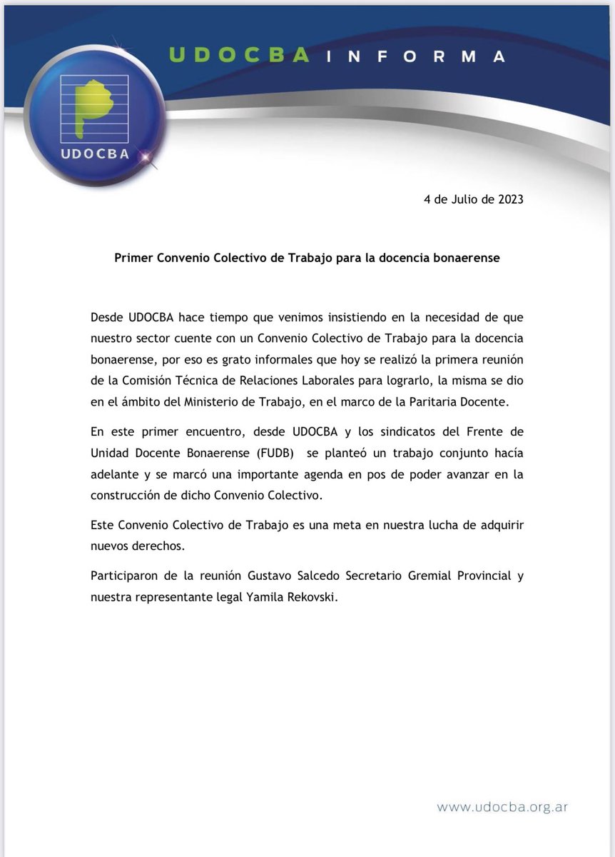 udocbacentral's tweet photo. 📣#UDOCBAInforma
Primer Convenio Colectivo de Trabajo para la docencia bonaerense. #FUDB

Participaron de la reunión @gustavofsalcedo Secretario Gremial Provincial y nuestra representante legal Yamila Rekovski. https://t.co/5DlIrvwaBU