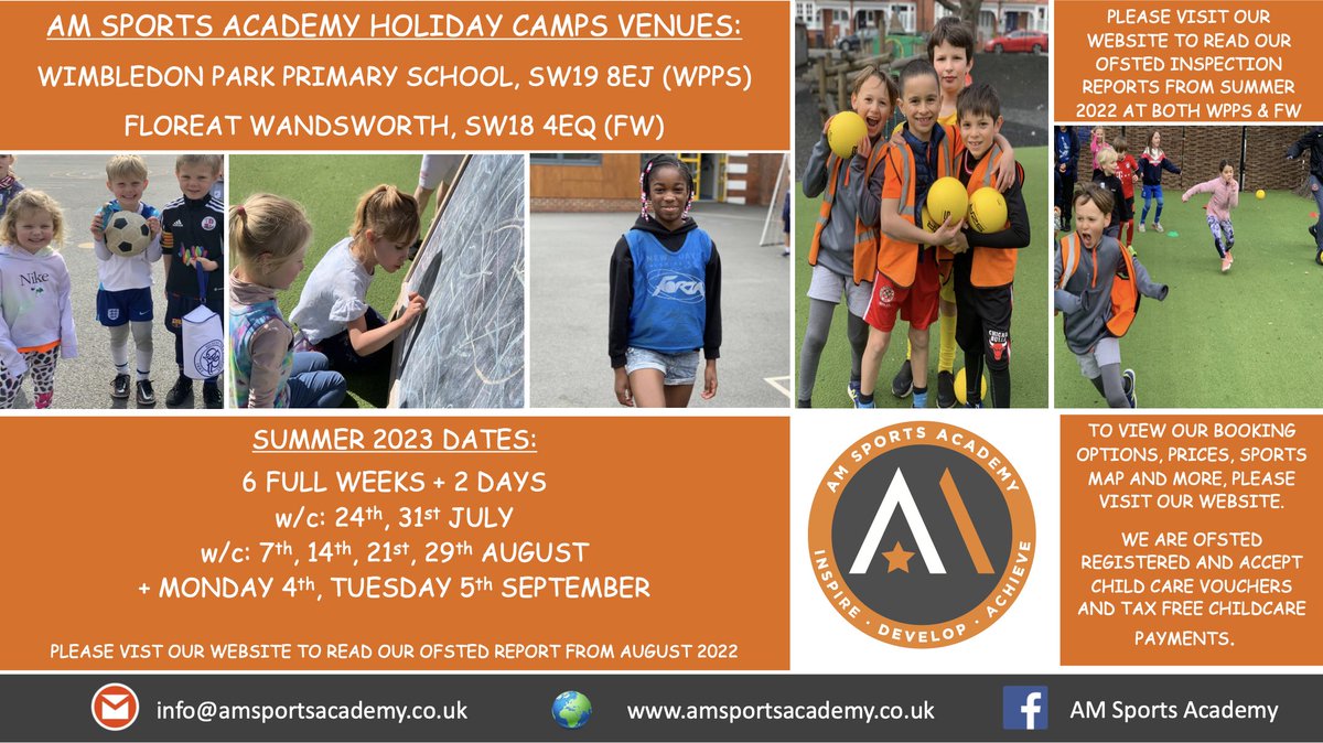 AMSportsAcademy's tweet photo. Our mission is to inspire children to participate in sport  – to learn new skills, to make new friends and enjoy our happy, safe and nurturing childcare provision. 

We are from Monday 24th July - Tuesday 5th September. 

Please visit us to find out more: 
https://t.co/ec6xJAXYkC https://t.co/YtdU86AfpQ