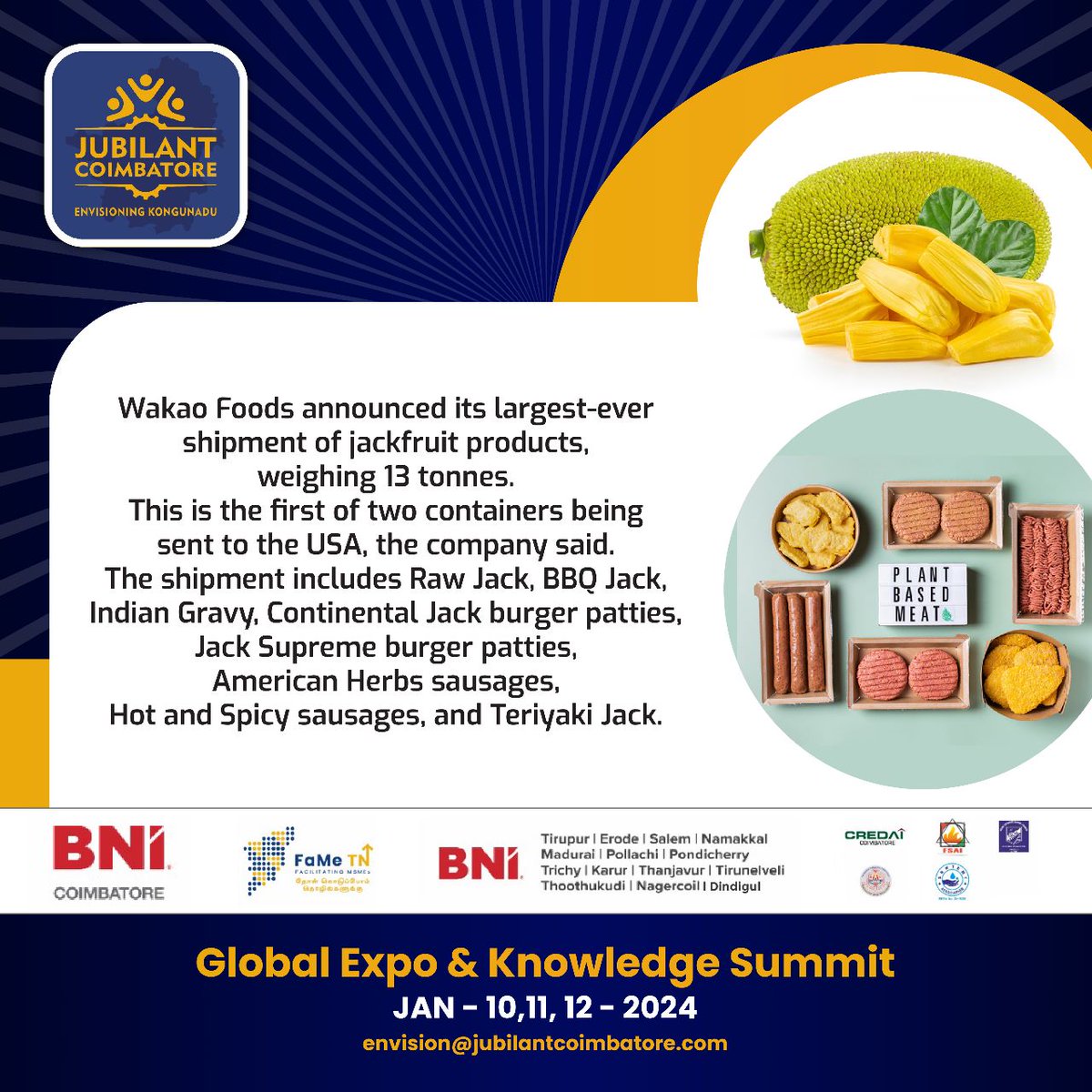 Jubilantcbe's tweet photo. Wakao Foods announced its largest ever shipment of jackfruit products, weighing 13 tonnes. This is the first two containers being sent to the USA, the company said.

Jubilant Coimbatore!!

#business #entrepreneurs #export #India #USA #jackfruitproducts #JubilantCoimbatore https://t.co/pud76MBrVH