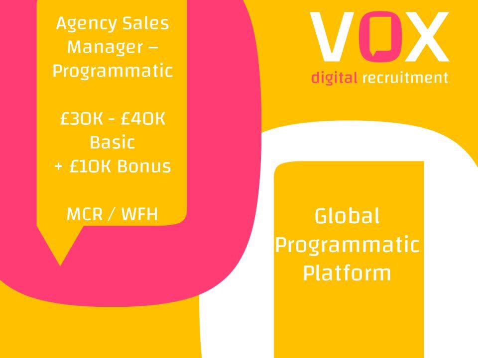⚡ New Role ⚡

We are recruiting for a leading global programmatic platform!

Interested to speak with junior agency sales candidates with a digital element to their role or media agency side looking to switch to a sales role.

lnkd.in/egT89ZnG