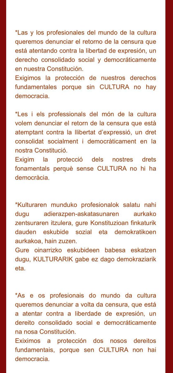 Que no arrabassen els nostres drets! En democràcia no s’admet la censura. Sols la Cultura ens farà més lliures!!