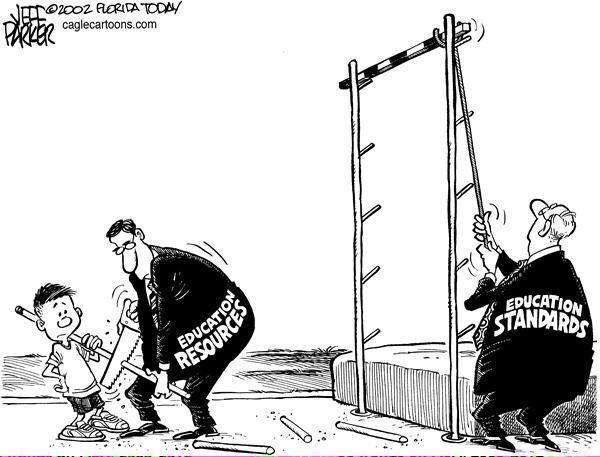 BruceLesley's tweet photo. Cartoonist Jeff Parker displays how we keep cutting education resources while raising "standards" - back in 2002 https://t.co/GypD0TNH6q