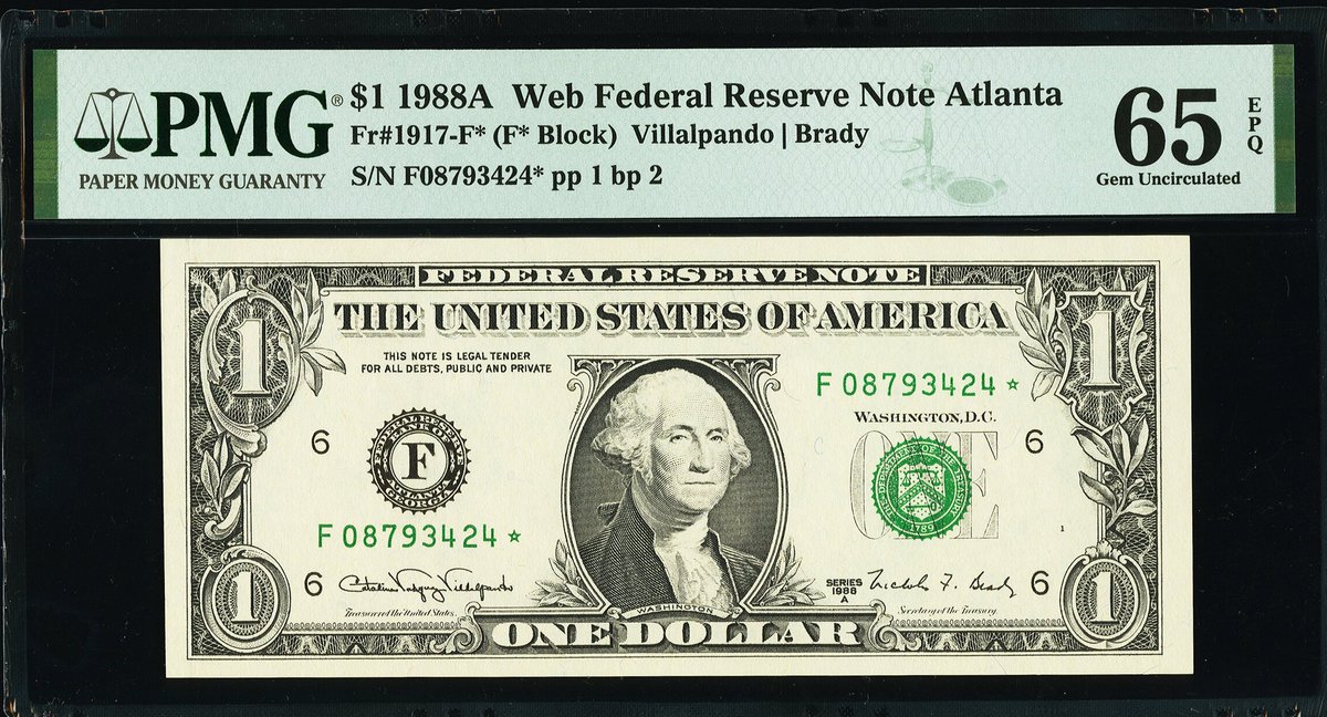 SPMC_1961's tweet photo. Society of Paper Money Collectors Presents the Note of the Day!
$1 1988-A Web Star Federal Reserve Note Atlanta
fr.1917-F*
Photos Courtesy of Heritage Auctions
#Noteoftheday #Societyofpapermoney #papermoney #History #Web #Atlanta #Star #greenseal #smallsize #PMG https://t.co/q70DWRtWfS