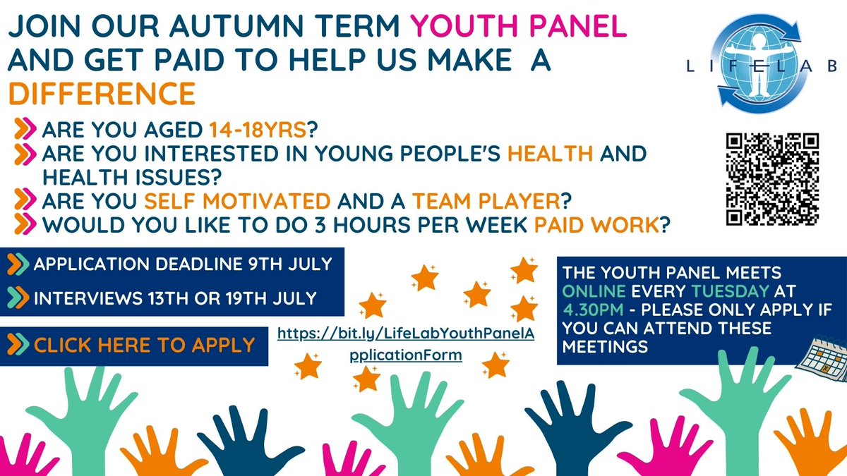 We're recruiting for our next Youth Panel! bit.ly/LifeLabYouthPa……… Apply now if you're aged between 14 and 18, interested in young peoples health issues and would like to get paid!