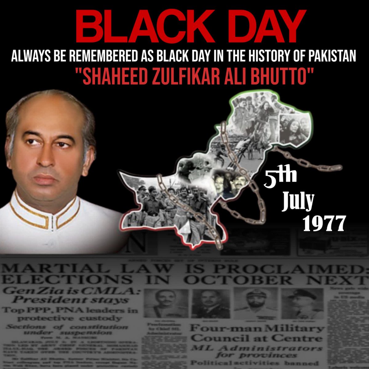 #BlackDay 46 years ago, democracy was overthrown in Pakistan. We remember Zulfikar Ali Bhutto, a champion of democracy & human rights. #ZulfiqarAliBhutto #Democracy #RuleOfLaw
#5thJulyBlackDay #Jeyebhutto