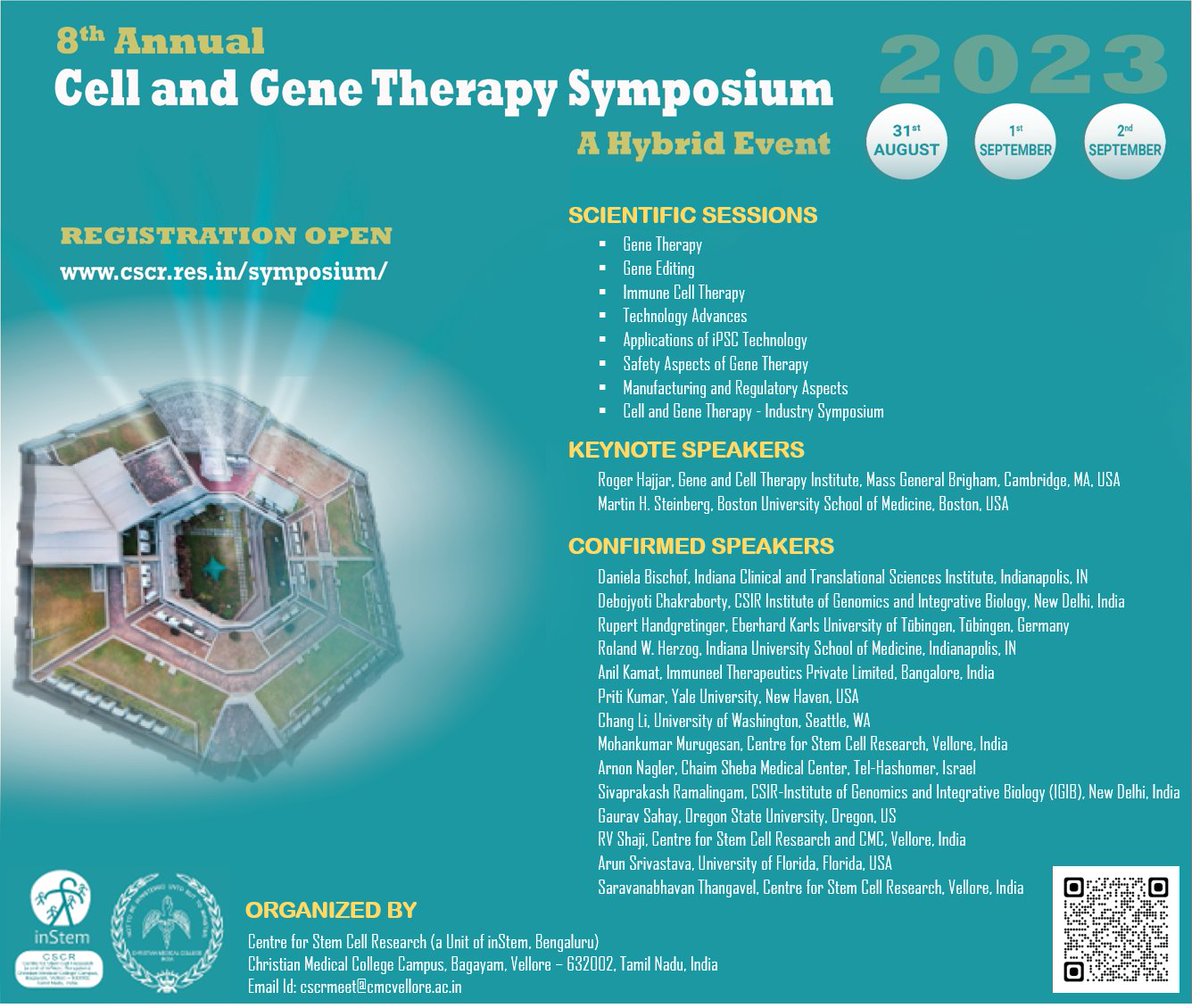 Registration for our 8th annual cell and gene therapy symposium is now open! Important topics and a fascinating lineup of speakers!! #genetherapy #celltherapy @CSCR_CMC_inStem @DBT_inStem
