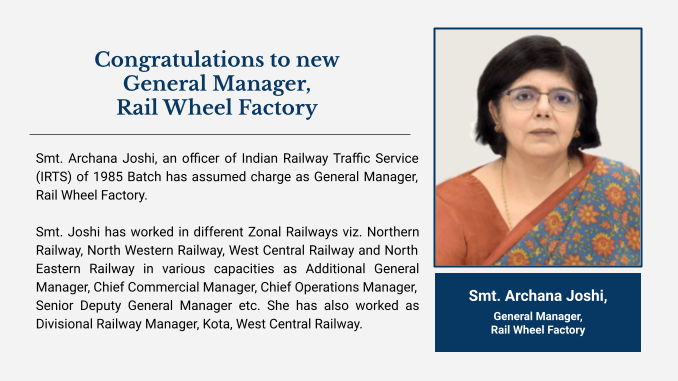 RailAnalysis's tweet photo. Congratulations to new General Manager, #RailWheelFactory
- Smt. Archana Joshi, an officer of Indian Railway Traffic Service (IRTS) of 1985 Batch has assumed charge as General Manager, Rail Wheel Factory.
#congratulations #appointment #RWF #indianrailways #railway https://t.co/O0k8vY3eXa