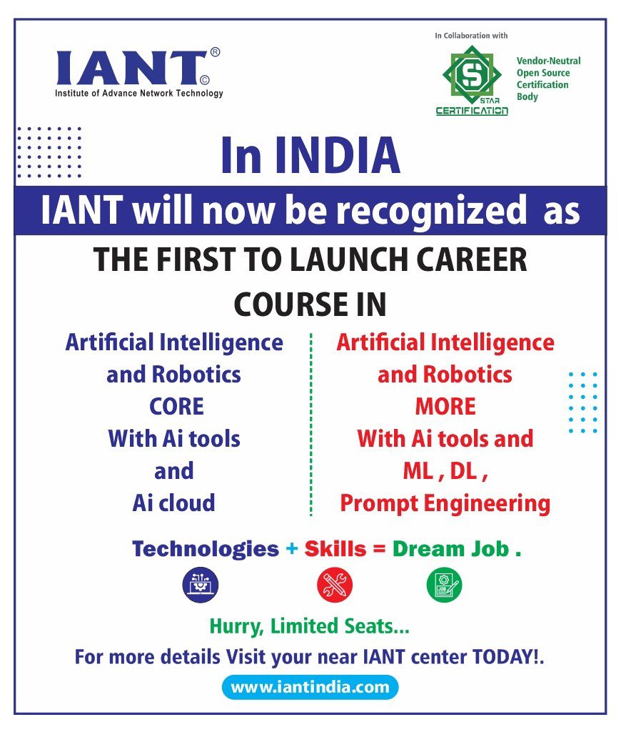 IANTtwitt's tweet photo. IANT Proud to announce now !
IANT is now AI and Robotics Training and certification Institute and more , in Association with @StarCertification USA . 
Visit today your nearest IANT center for more details . 
https://t.co/zlsXrb10Yc 
#ai #robotics #promptengineering #ml #dl #IANT https://t.co/CDk2vJMuSt