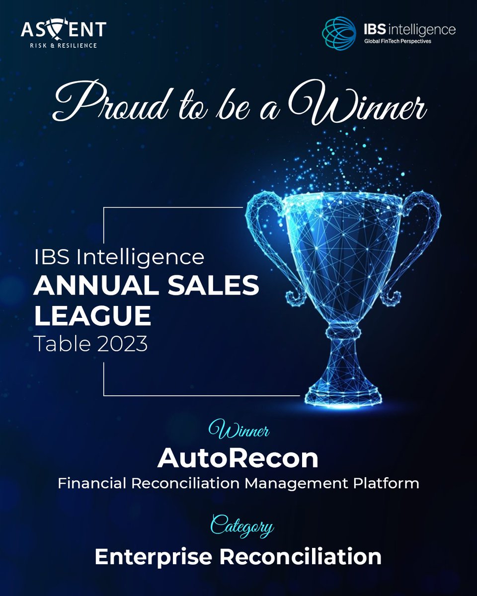 AscentTCSocial's tweet photo. Exciting Announcement!
We're thrilled to share that our product, AutoRecon, a leading Financial Reconciliation Management Platform, has been declared as winner at the Sales League Table (SLT) 2023 by @IBSIntelligence in the Enterprise Reconciliation category. #AutoRecon https://t.co/KQ8d4vi1N6
