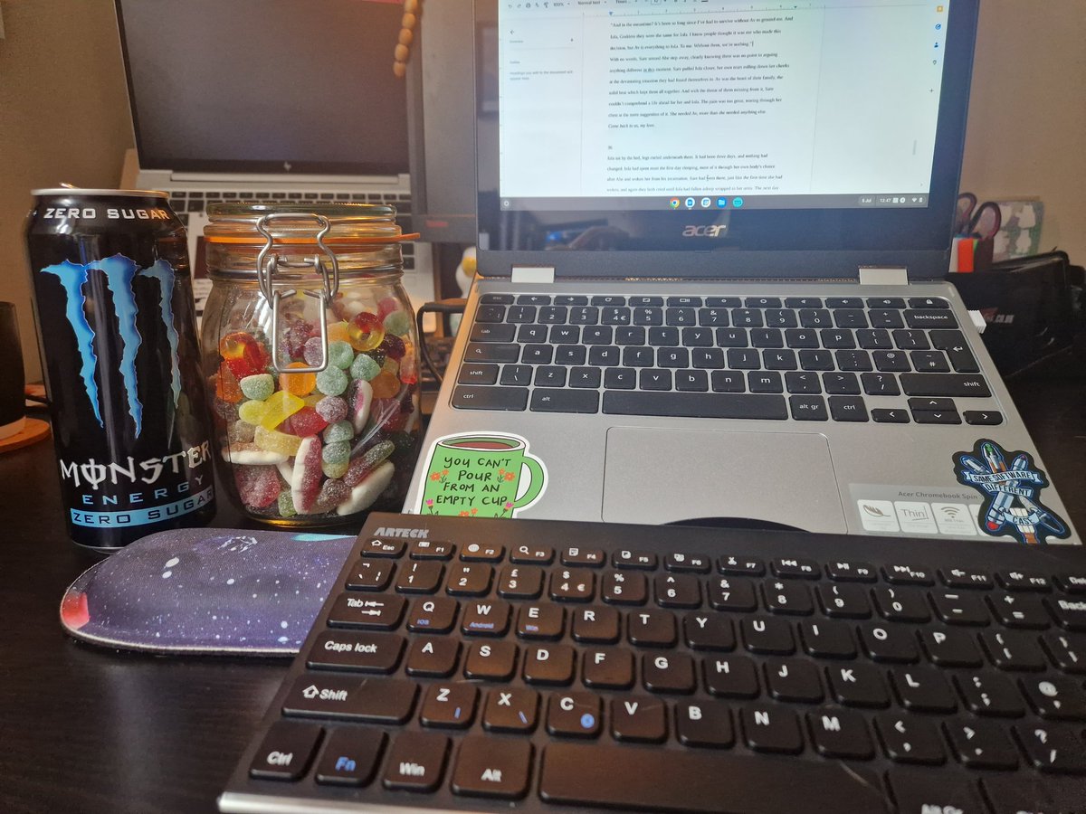 aspencerwriter's tweet photo. Rare day to myself. Powered by sugar and caffeine! 

#amwriting #lesfic #sapphic #mystery #fantasy #nonbinaryMC #lesbianMC #angst https://t.co/ayiq6lGkCa