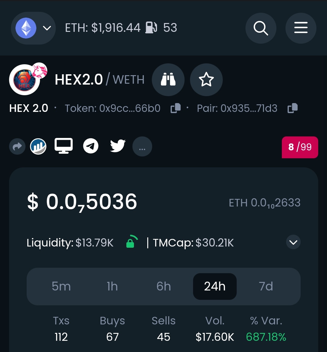 HEX2TOKEN's tweet photo. DexTools Updated with our new logo! #HEX2 #HEX #Hexicans
https://t.co/zbT9QfuOCc https://t.co/oo2M0CfduM