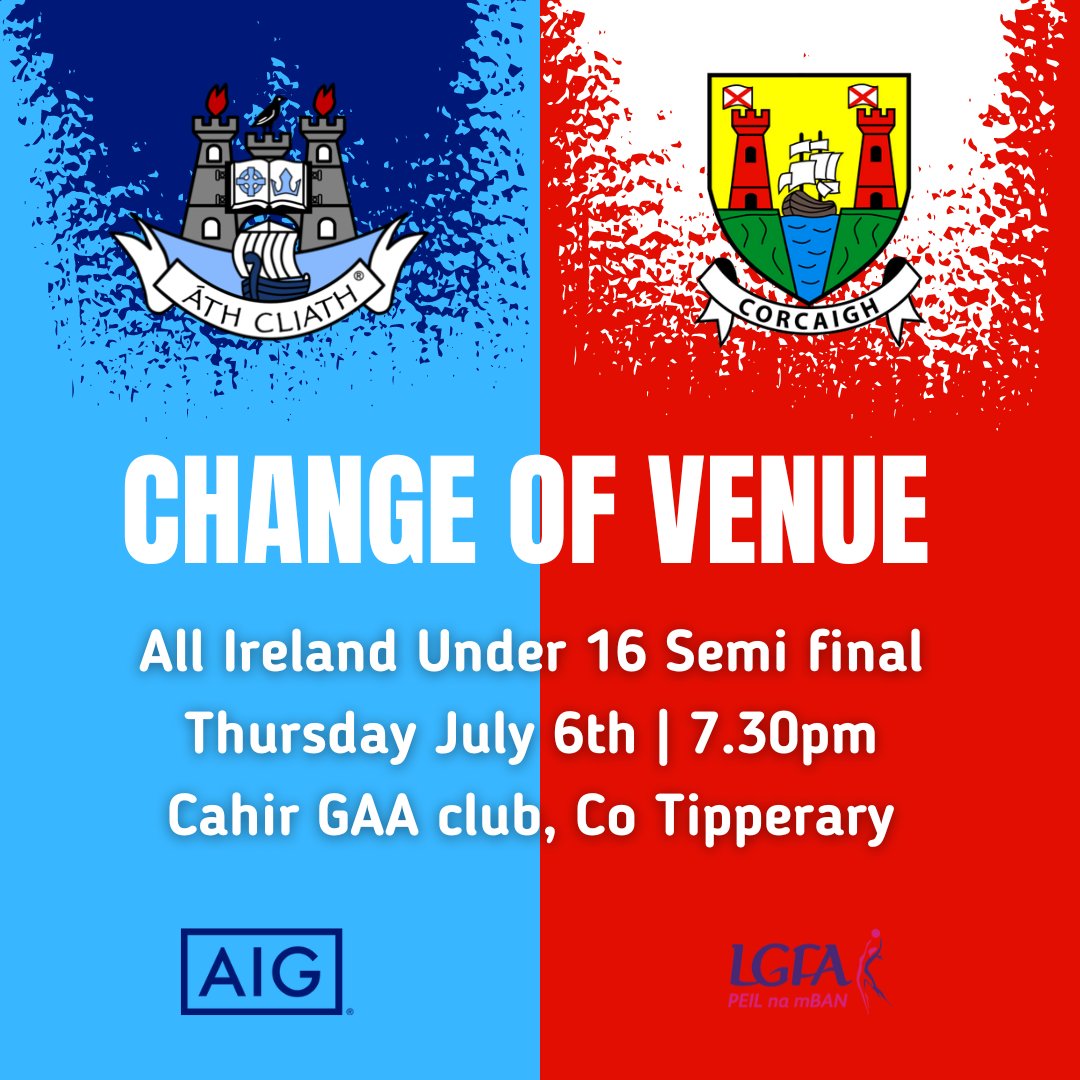 *** BREAKING NEWS ***

U16 All Ireland semi final Dublin vs Cork has moved venue. The game which is down to be played this Thurs July 6th will now take place in Cahir GAA club Co Tipp, 7.30pm.

Tickets purchased for the game remain valid

#DublinLGFA #COYGIB #UpTheDubs