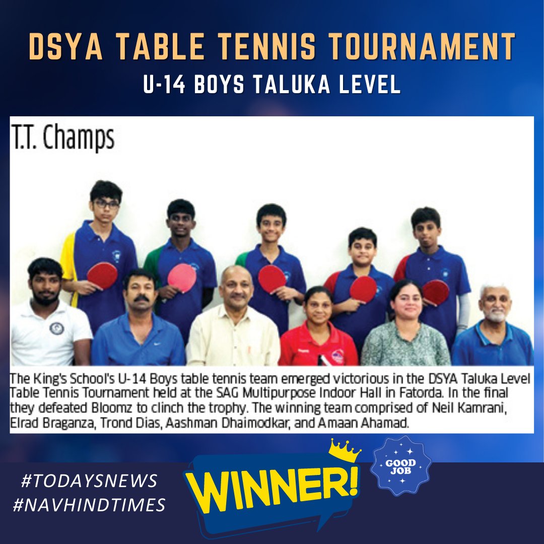 thekingschool's tweet photo. Congratulations to our U-14 Boys Table Tennis team for securing First Place in the DSYA Taluka Level Tournament and getting qualified to play for the District Levels. The tournament was held at the SAG Multipurpose Indoor Hall in Fatorda.
#winners #dsya #tksgoa #studentlife https://t.co/TKDAQtTvi1