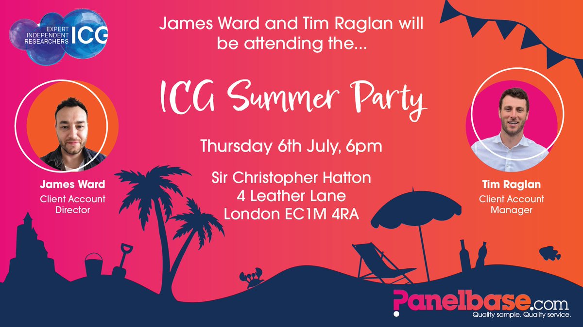 James Ward and Tim Raglan are attending this week’s <a href="/TheICG/">The ICG</a> Summer Party!

They'll be celebrating the start of summer tomorrow July 6th, 6 pm at The Christopher Hatton, London. We look forward to catching up with you all!

theicg.co.uk/event/the-icgs…

#mrx #networkingevent #ICG
