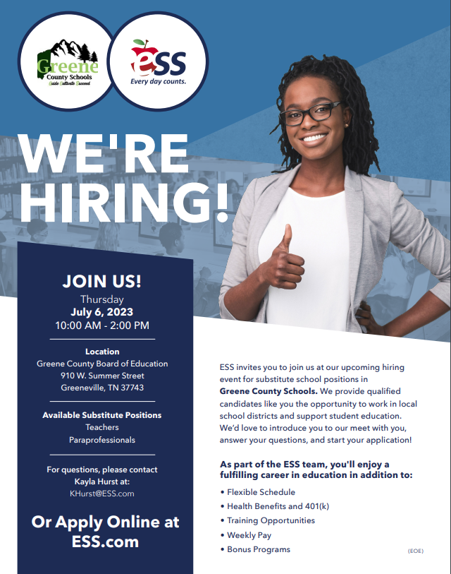 Interested in becoming a substitute teacher? Please join us for a hiring event tomorrow!