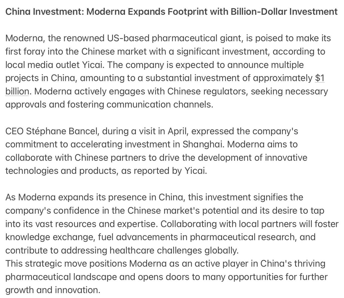 theeconcurrent's tweet photo. Moderna makes its move into China!  With a billion-dollar investment on the horizon, the US pharma giant is set to announce multiple projects and collaborate with Chinese partners. #Moderna #ChinaExpansion #students #GlobalPharma #BigPharmaRevolution #aleveleconomics #china https://t.co/iFgqzpJ9HO