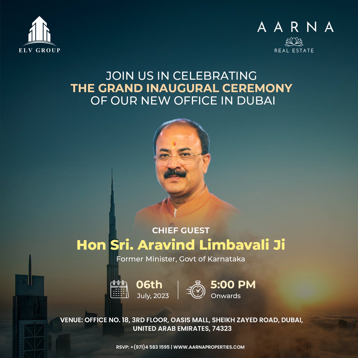 ElvprojectsElv's tweet image. We are delighted and deeply honored to announce that Sri. Aravind Limbavali Ji, Former Minister of the Government of Karnataka, has graciously accepted our invitation to be part of this momentous occasion.

#AARNA #ELVGROUP #ELVPROJECTS #NewOfficeLaunch #GrandOpening