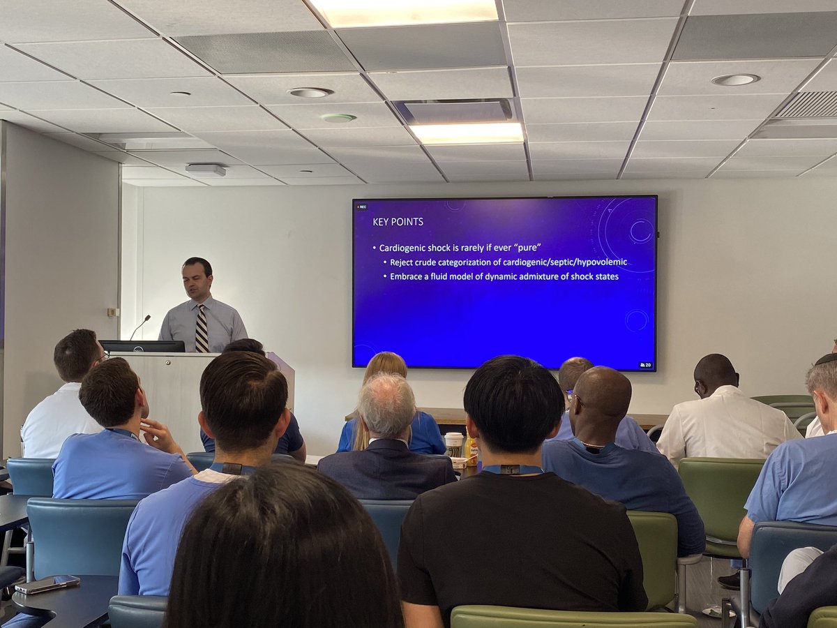 We continue Core Curriculum this morning with a phenomenal lecture on Cardiogenic Shock 💔 delivered by Dr. Tomey 🔑 Communication in a multidisciplinary team is paramount 🔑 Use your imaging and hemodynamic tools 🔑 Frequently reassess as patient profiles can change by the min