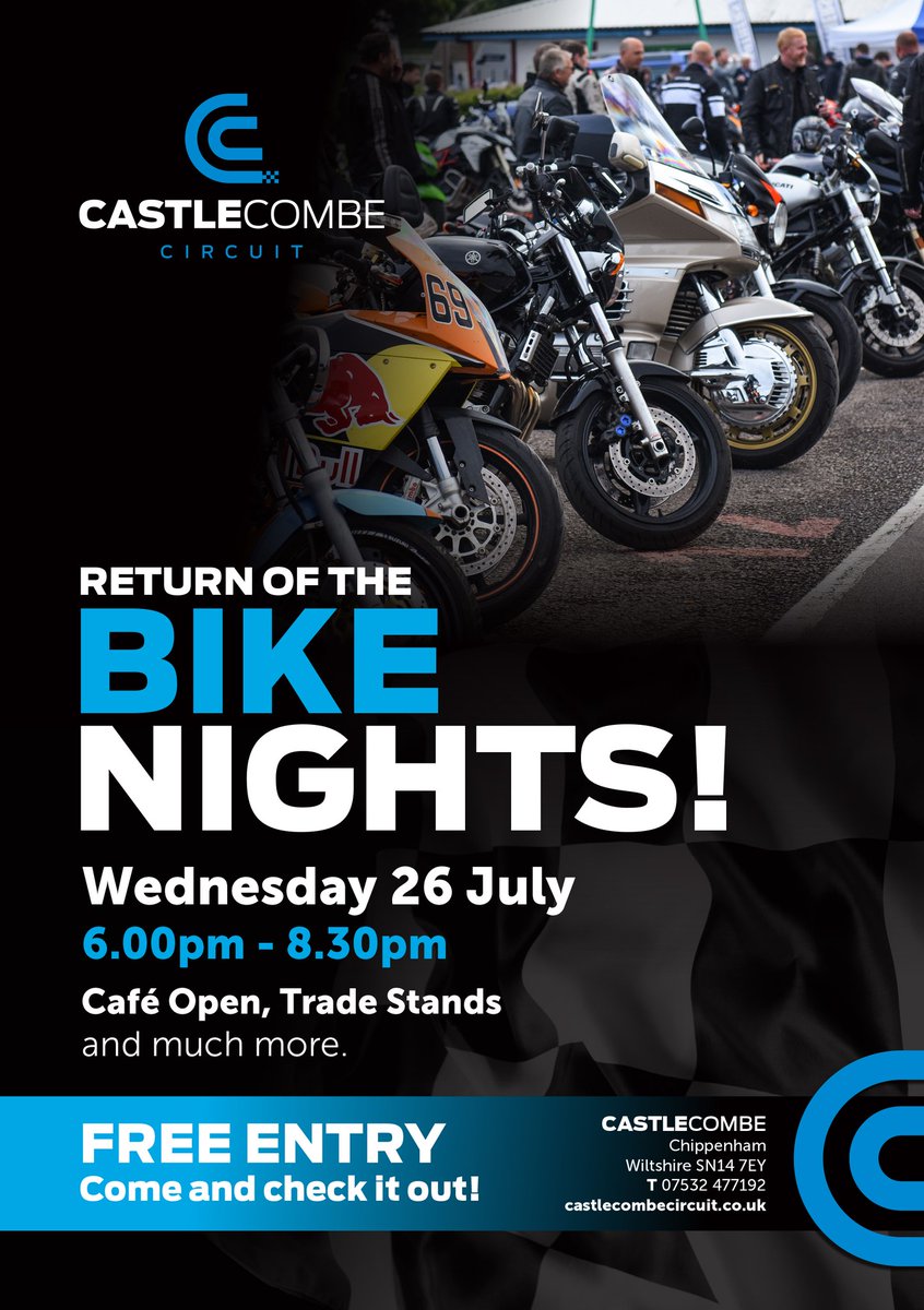 RETURN OF THE BIKE NIGHTS!📷 We're pleased to announce that our next Bike Night will be on the evening of Wednesday, 26 July. Expect food, trade stalls and FREE admission! Full info: castlecombecircuit.co.uk/.../castle-com…...