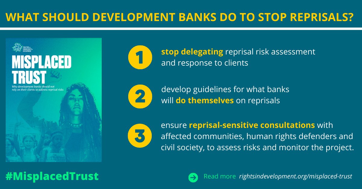 RightsinDevt's tweet photo. 📢New report out!
#MisplacedTrust shows how development banks are putting human rights defenders at serious risk by delegating to their clients the responsibility to prevent/address reprisals.
Join us & call on the banks to #StopReprisals: https://t.co/ci9f0bis8S https://t.co/5iudWxaBjT