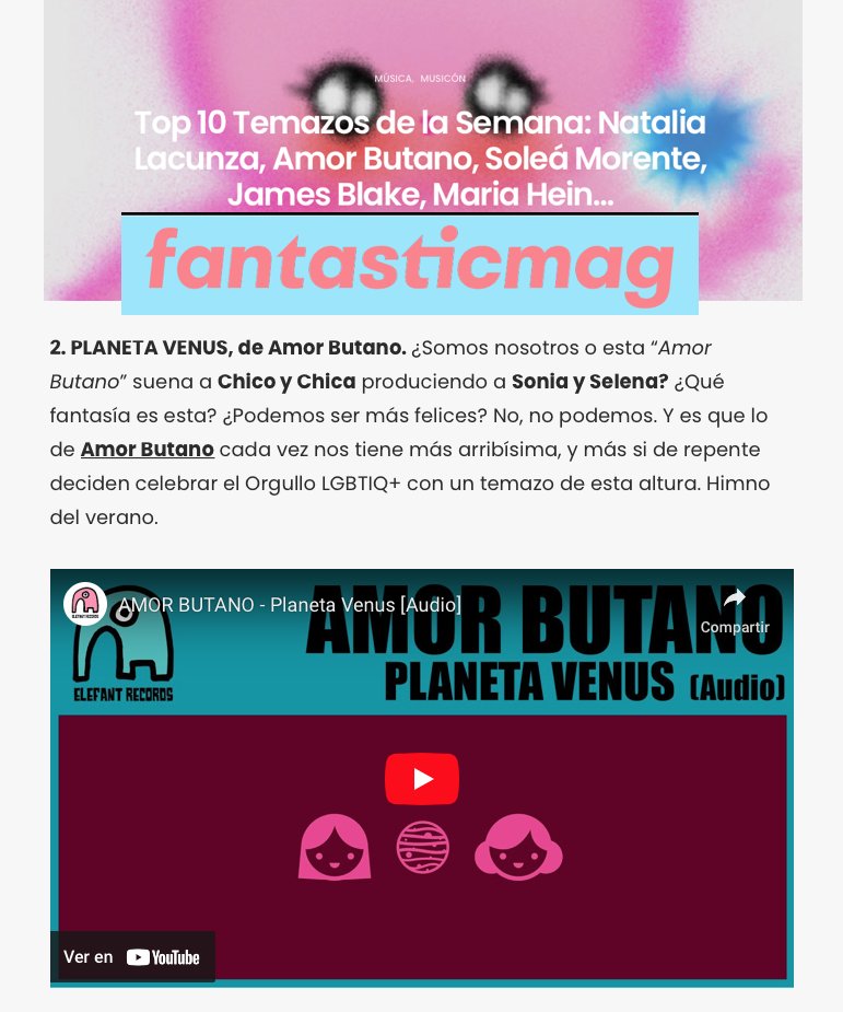 AMOR BUTANO “Planeta Venus” Top 2 Temazos de la semana en <a href="/fantaplasticmag/">fantasticmag</a> <a href="/AmorButano/">Amor Butano</a>