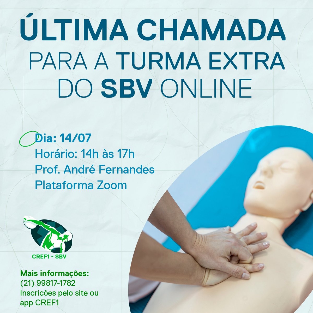 CREF_1's tweet photo. CONFIRMADO! 
Por alta procura, decidimos fazer uma turma extra de SBV Online no mês de julho. PARTICIPE 😄
.
#sbv #cref1 https://t.co/YhciXoJJ1E