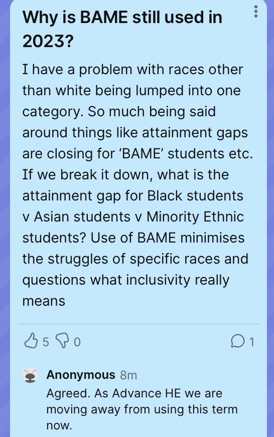 Faustina_Edward's tweet photo. Asked this earlier in the morning keynote…Good on @AdvanceHE for starting to move away from using BAME! #TLConf23 https://t.co/VhUrZfExAQ