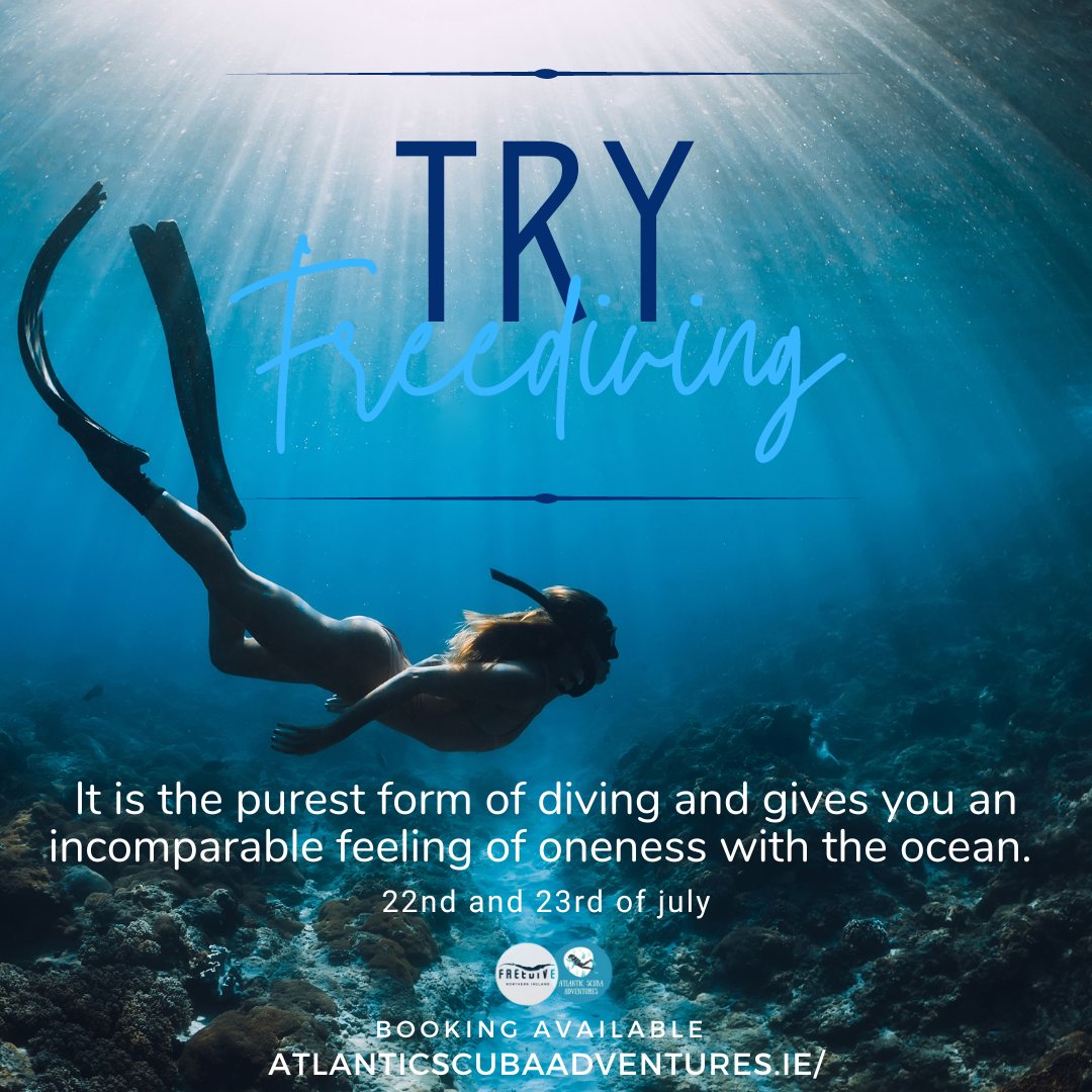 Dive into the depths with the art of breath-hold diving, where you'll explore the underwater world in a serene and exhilarating way. 
On July 22nd and 23rd, don't miss out on this opportunity to try freediving – 
Reservation at: atlanticscubaadventures.ie 
#Freediving