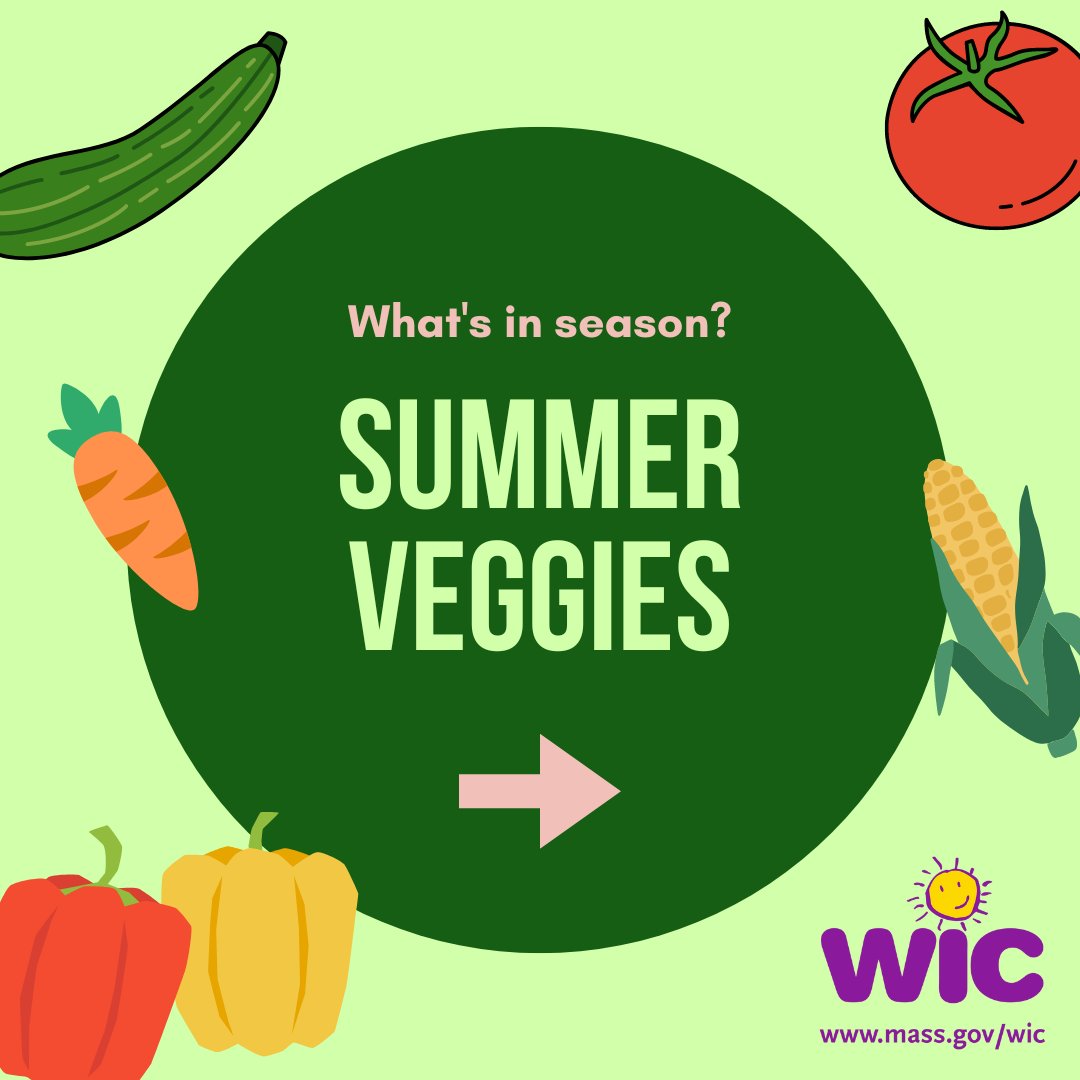 MassWIC's tweet photo. Summer is here! Shopping for veggies that are in season can be an easy way to ensure you get delicious produce for a reasonable price and get the most out of your WIC benefits! Remember, you can use your WIC CVB to purchase fresh, frozen or canned fruits and vegetables. https://t.co/7Xn1QshnsQ