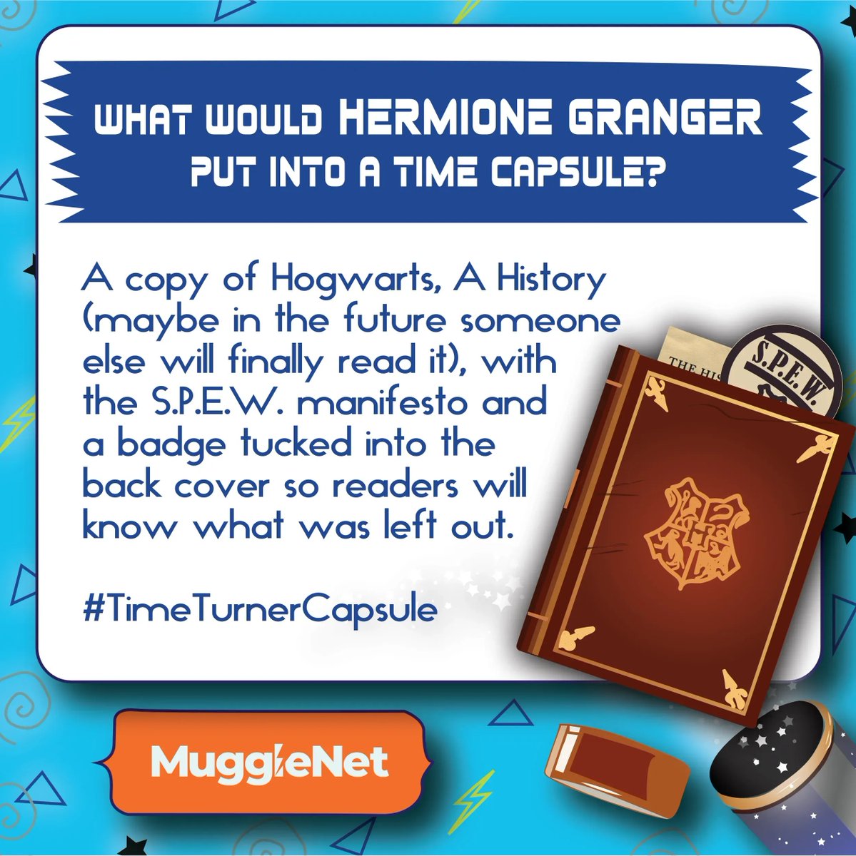 MuggleNet's tweet photo. Trust #HermioneGranger to put a book in there. π
How do you think she managed to fit it in? π€
It's definitely a better badge option than the one #DracoMalfoy included (Potter Stinks). π
#TimeTurnerCapsule #ClassOf1998 https://t.co/Am7s1My6p8