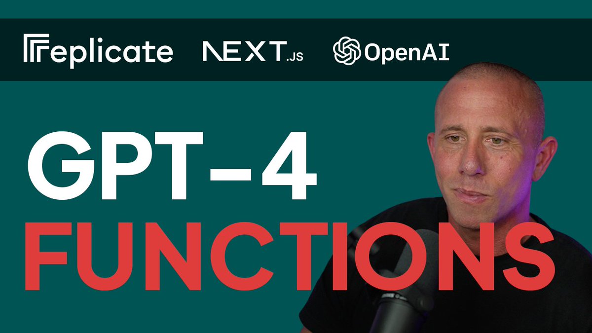 dabit3's tweet photo. NEW VIDEO! GPT-4 Functions Crash Course - Full Stack AI with @replicatehq, @nextjs, and @openai GPT Functions

Learn how GPT Functions and Function Calling works, and how to use them to build a full stack application with Replicate and Next.js.

Video
https://t.co/nWKfiofYoN https://t.co/1gG0CUH8RS