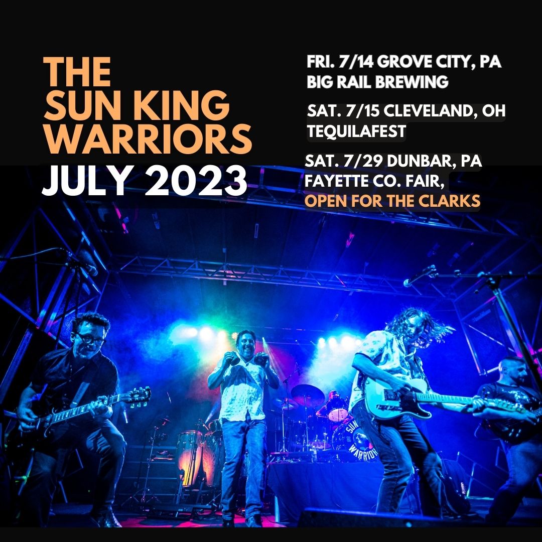 Sun King Warriors (@sunkingwarriors) on Twitter photo 🎉We'd love to see your smiling face this month!
July 2023 Schedule
Fri. July 14, Grove City, PA, <a href="/bigrailbrewing/">Big Rail Brewing</a>
Sat. July 16, Cleveland, Ohio, Tequila Fest Cleveland
Sat. July 29, Dunbar, PA, Fayette County Fair, Opening for <a href="/theclarks/">The Clarks</a>
Tix/Details: sunkingwarriors.com 🎉We'd love to see your smiling face this month!
July 2023 Schedule
Fri. July 14, Grove City, PA, <a href="/bigrailbrewing/">Big Rail Brewing</a>
Sat. July 16, Cleveland, Ohio, Tequila Fest Cleveland
Sat. July 29, Dunbar, PA, Fayette County Fair, Opening for <a href="/theclarks/">The Clarks</a>
Tix/Details: sunkingwarriors.com