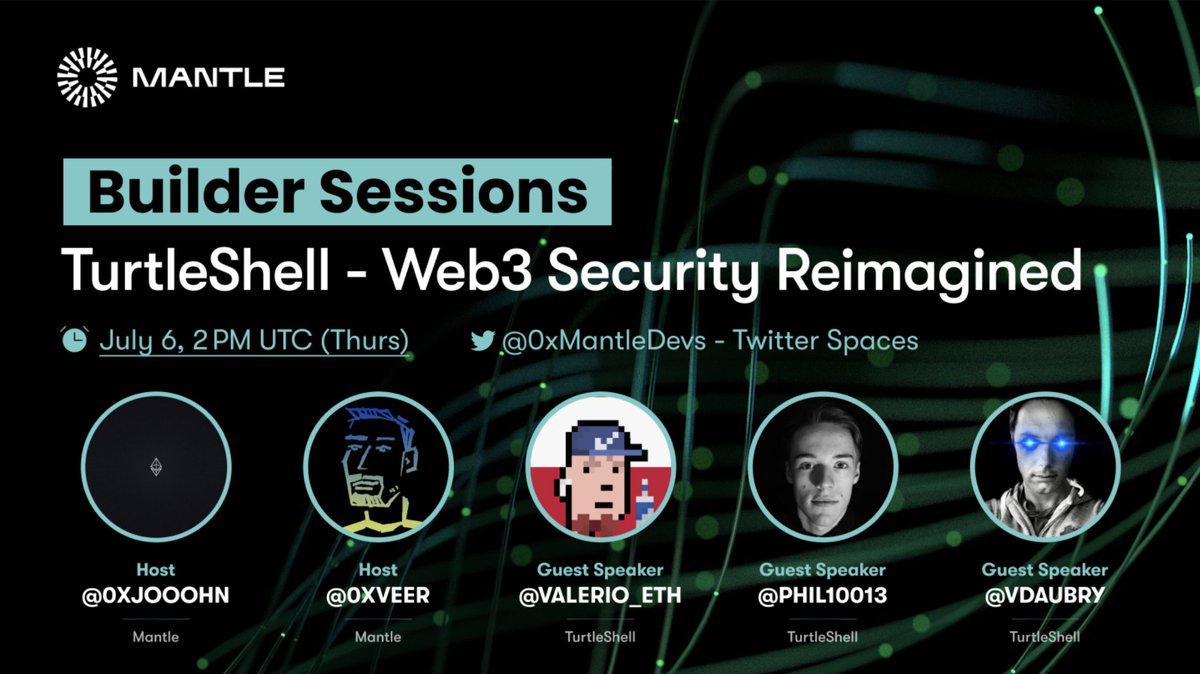 Join us this week for another Builder Session, this time it’s a hackathon-winning project from @ETHPrague.

Reimagine #Web3 Security with <a href="/TurtleShell_xyz/">TurtleShell</a> and hear the stories from the team behind it — <a href="/valerio_eth/">thats my old me</a>, <a href="/phil10013/">philipp</a>, <a href="/vdaubry/">vdaubry</a>

🗓 July 6, 2PM UTC