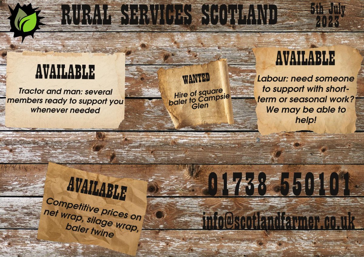 A few notices for our members on today's board! Need a tractor + man, or straightforward labour? Please let us know! We have good prices on wrap/twine, and we're looking to hire a square baler in the Campsie Glen area. Also if you're looking for odd jobs to do, give us a call!