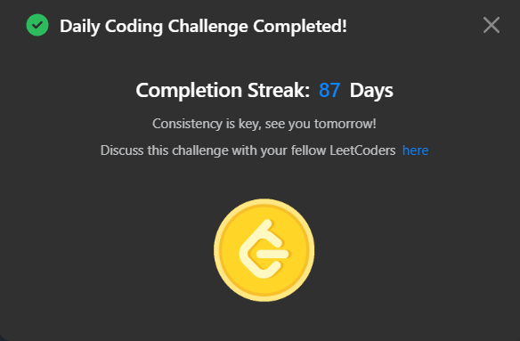 0NOSNA0's tweet photo. Daily Leetcode challenge Tweet:                                                                           
Day - 87  solved @LeetCode daily challenge  #100DaysOfCode #DSA #codinglife https://t.co/dHpANUykdg