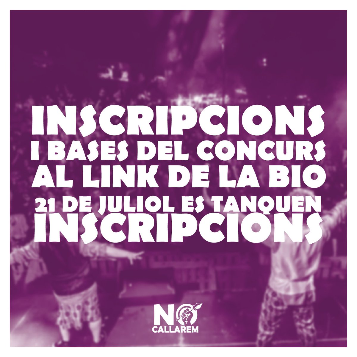 EI! TENIM NOVETATS 🫶🏻 Torna el concurs de bandes del NoCallarem, on el premi és obrir el festival al 2024 🥳

Teniu tota la info al link: docs.google.com/forms/d/e/1FAI…

Ens tornem a veure a l’Espluga el 17 d’agost! SORT A TOTS ELS PARTICIPANTS!!! 🎉🧡