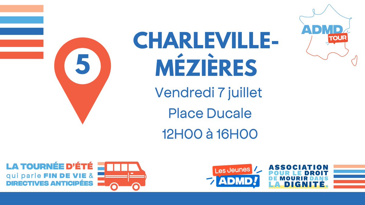 #CharlevilleMézières 🚌 #AdmdTour 8ème édition de la tournée qui parle de #FindeVie et des directives anticipées ! Les <a href="/jeunesadmd/">Les Jeunes ADMD</a> traversent les 19 départements métropolitains dépourvus d’unité de #SoinsPalliatifs, pour alerter sur les inégalités  territoriales concernant