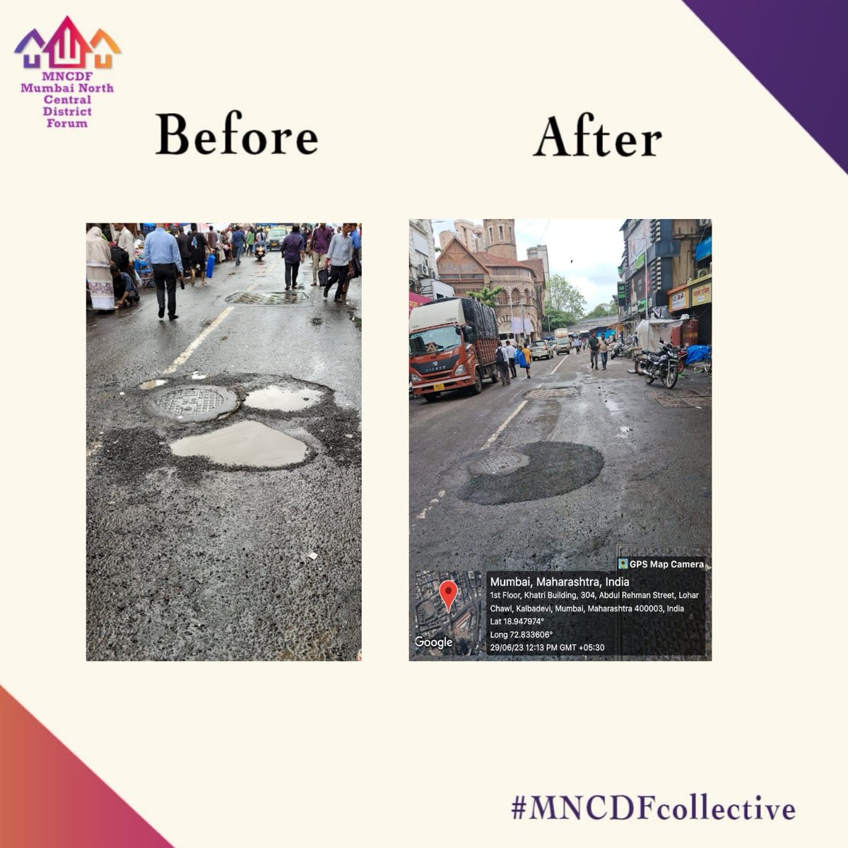 Temporary repair work carried out by @mybmc on potholes situated at Abdul Rehman Street, Near Canara Bank,Mumbai, after official complaint was filed by #MNCDFcollective member @AlertCitizen5 ! #CitizenWelfare #CommunityGovernence